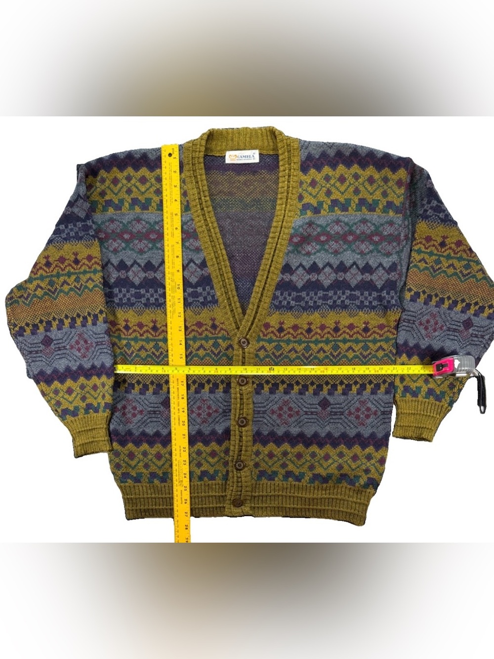Vintage Camela Cardigan Sweater Men's Medium Multicolor Geometric 90s 80s Wool - Picture 5 of 5